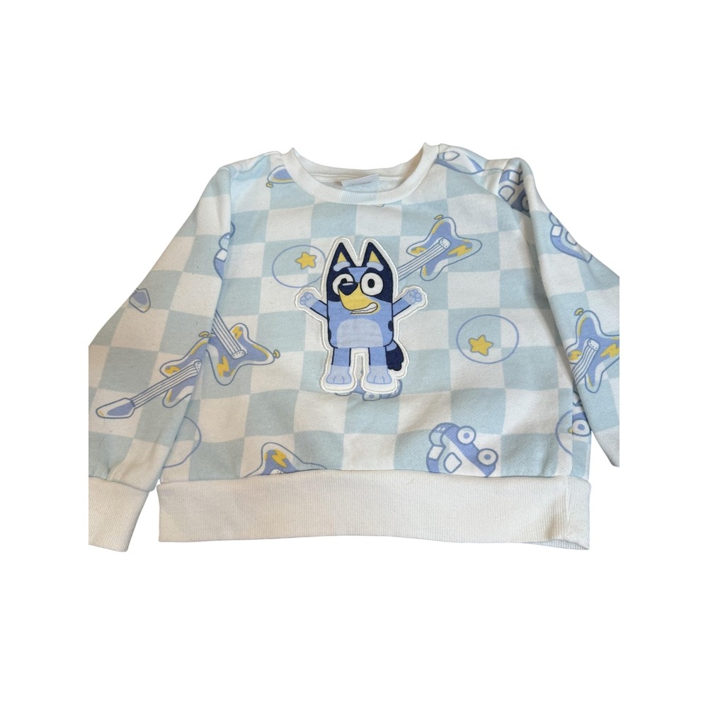 Bluey Sweater Toddler Boys 2T Blue Check Fleece Pullover Cartoon Character